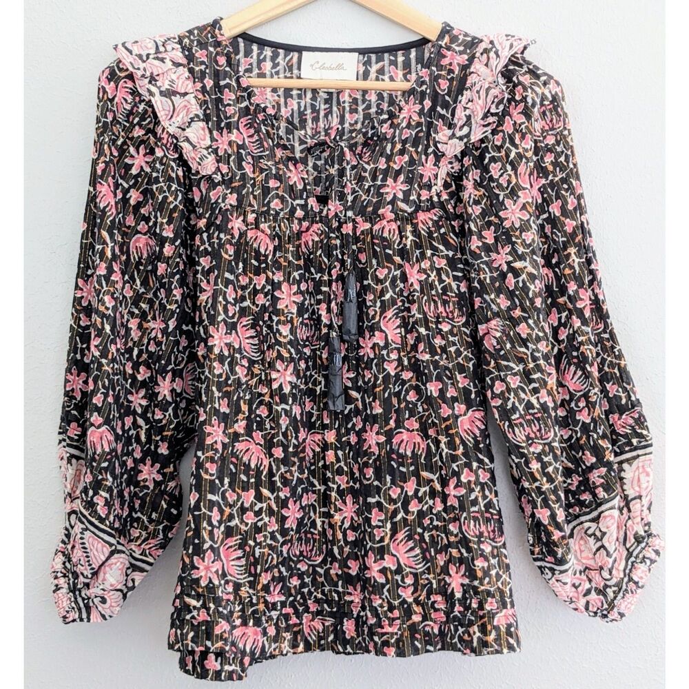 Clobella Brynlee Blouse NWOT Size Small S Black Pink Floral Fan Print Top Sm - Picture 4 of 9